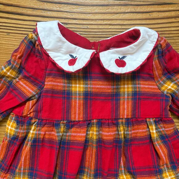Tahari red plaid apple embroidered collar long sleeve baby dress SIZE 3-6M - Picture 2 of 5